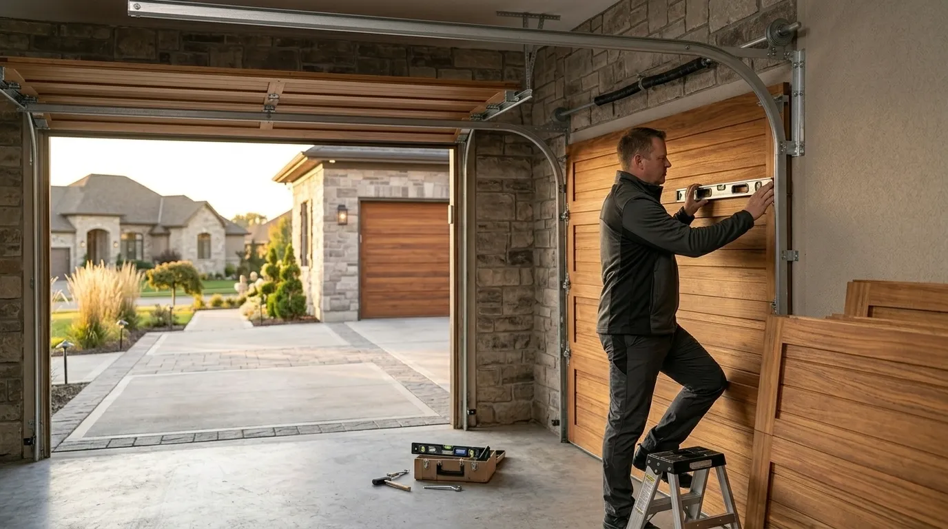 Wood-look composite garage door